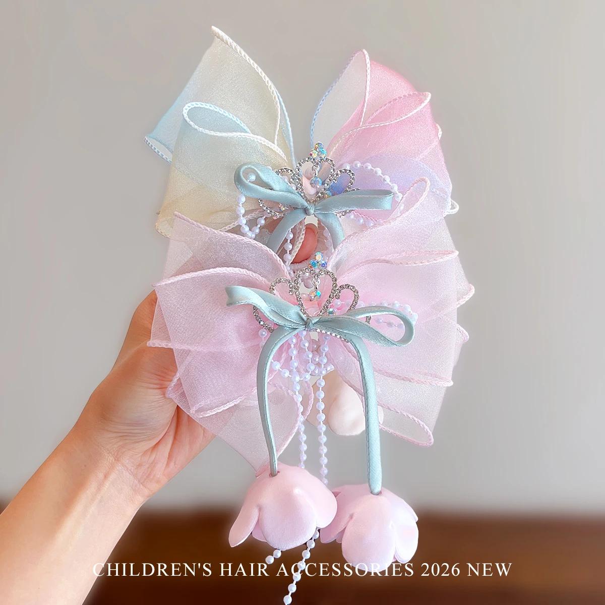 Élastiques à cheveux pour enfants, sans danger pour les cheveux, très élastiques, avec nœud en organza, perle et pompon, antidérapants, pour bébés filles, fête d'anniversaire