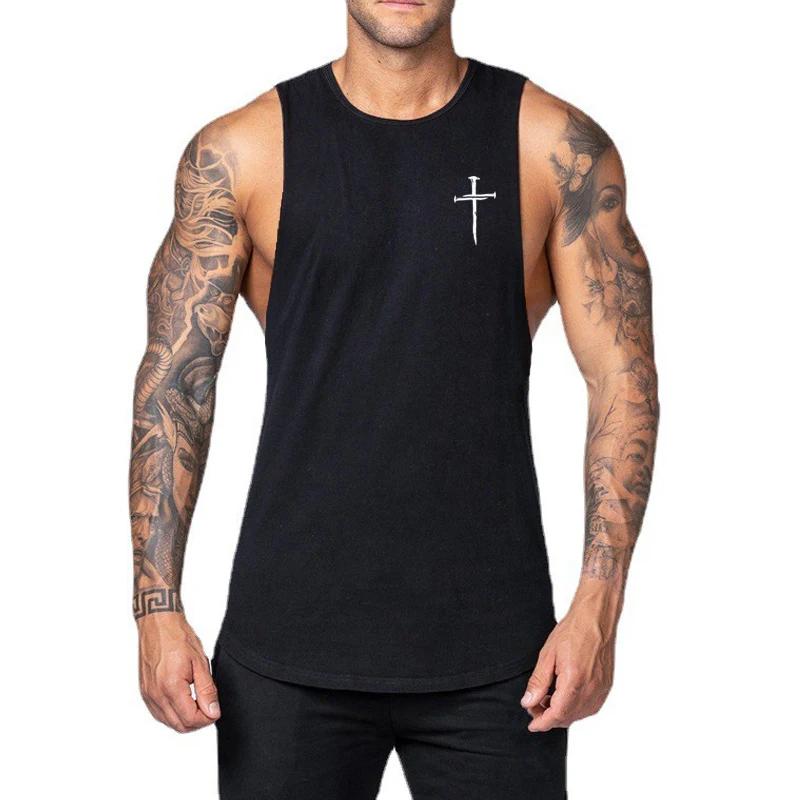 Vêtements de sport personnalisés imprimés croisés pour hommes, chemise sans manches pour entraînement musculaire, débardeur de musculation en coton, débardeur de Fitness