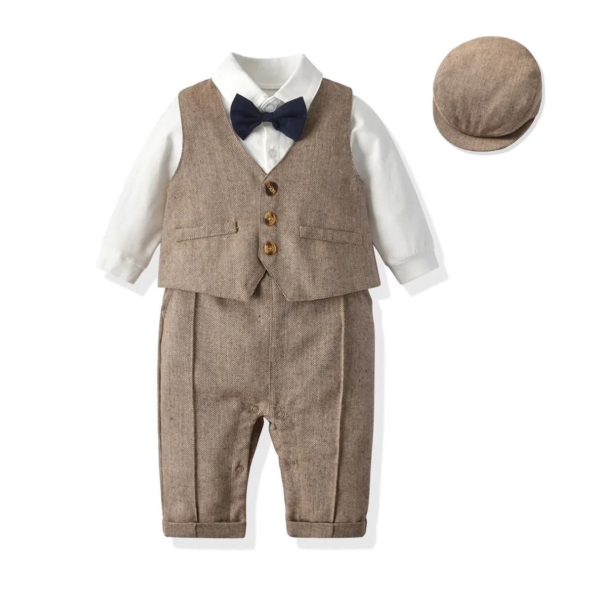 Bébé garçons Gentleman tenues costumes vêtements printemps et automne enfants une pièce barboteuses veste chapeau costume bébé garçon vêtements