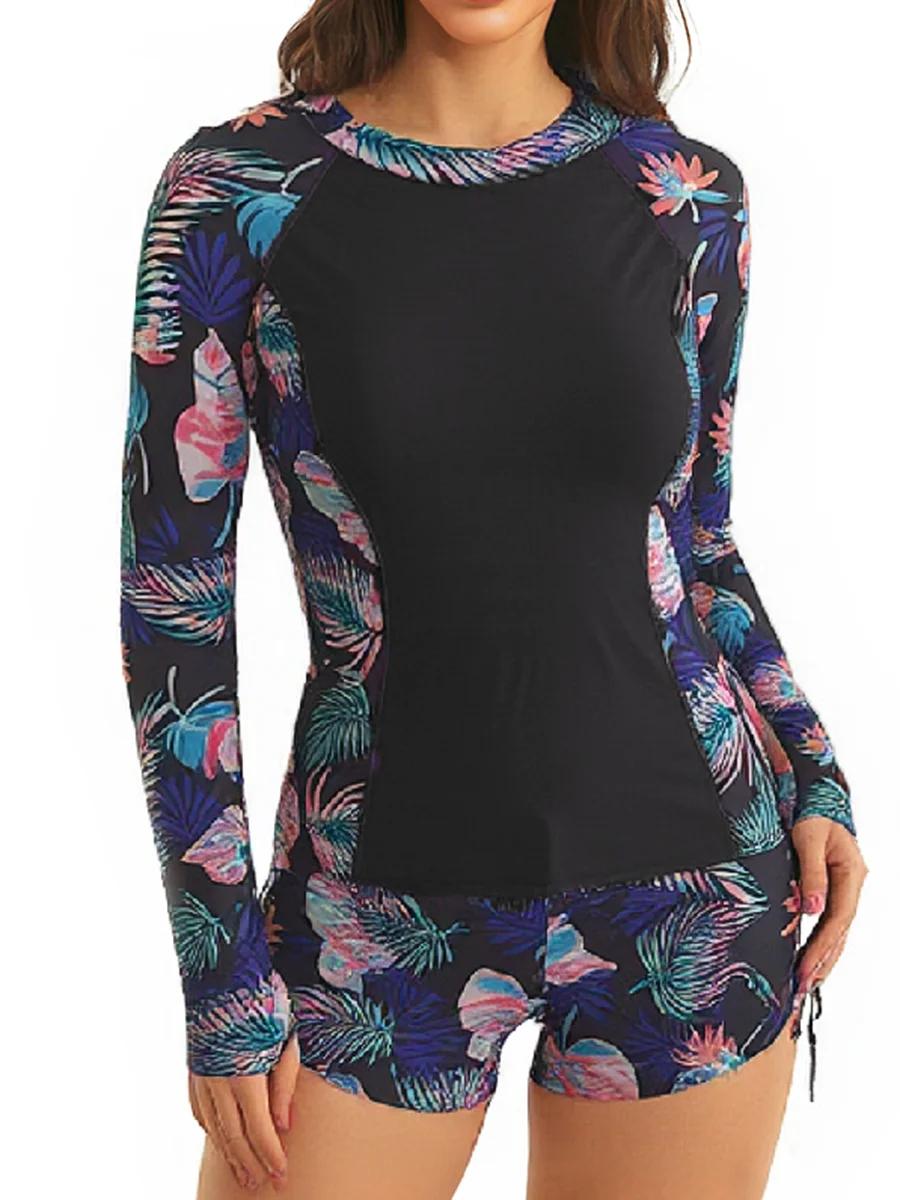 Maillot de bain surf manches longues 2026 femme - Imprimé deux pièces plongée plage