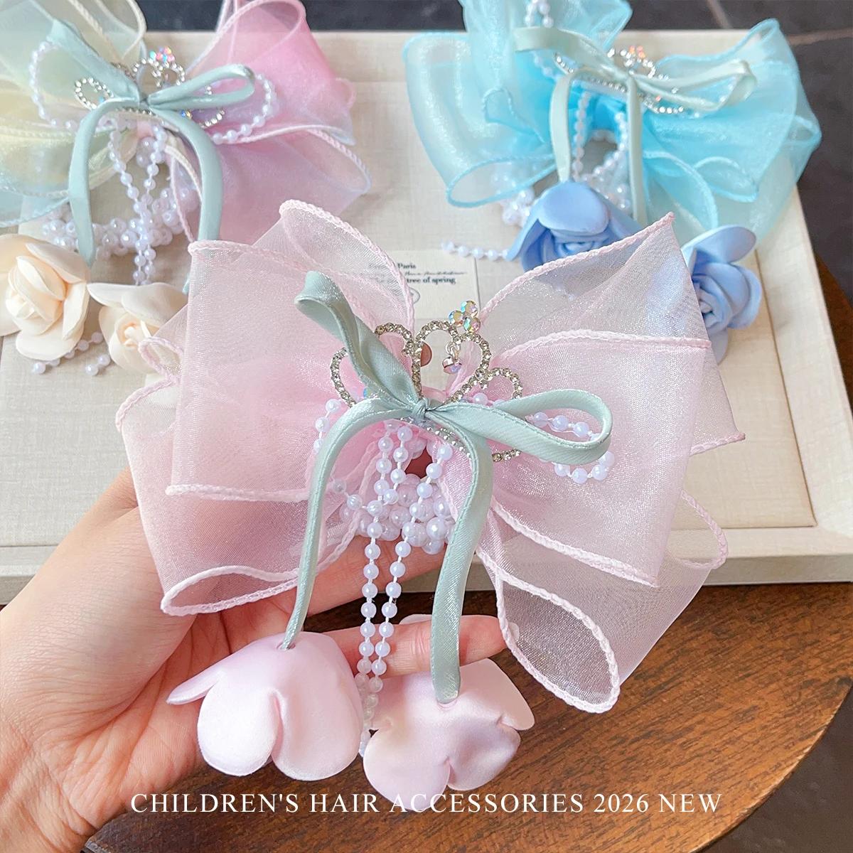 Élastiques à cheveux pour enfants, sans danger pour les cheveux, très élastiques, avec nœud en organza, perle et pompon, antidérapants, pour bébés filles, fête d'anniversaire
