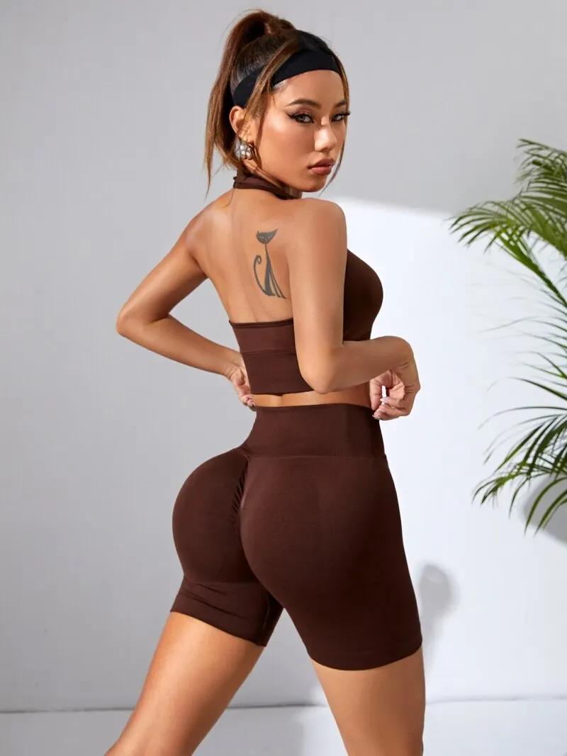 Ensemble fitness sexy 2 pièces sans coutures - Soutien-gorge sport + shorts yoga hip lift