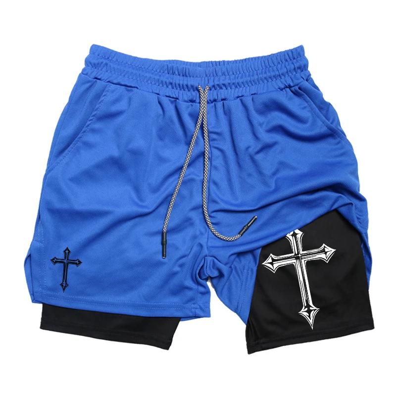 Short d'entraînement 2 en 1 homme - Imprimé croisé avec doublure compression