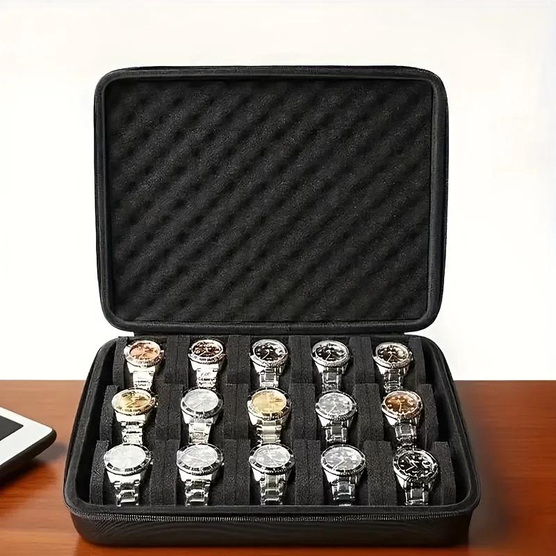 Boîte de rangement de montre avancée, boîte de rangement de montre à 15 fentes pour cartes, boîte de rangement de bijoux Portable, vitrine, adaptée à la maison
