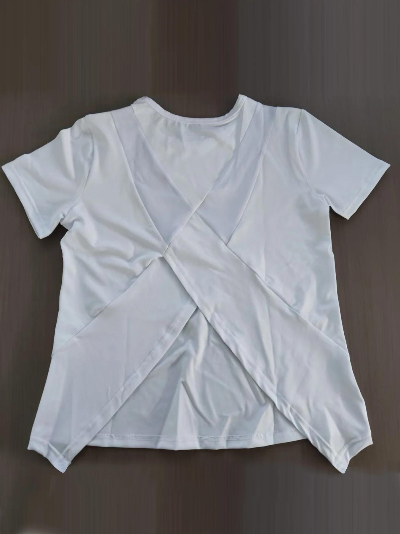 Tenue de Yoga pour femmes, T-shirt de sport d'été, ample, respirant, séchage rapide, haut en maille, entraînement au dos, fitness, manches courtes