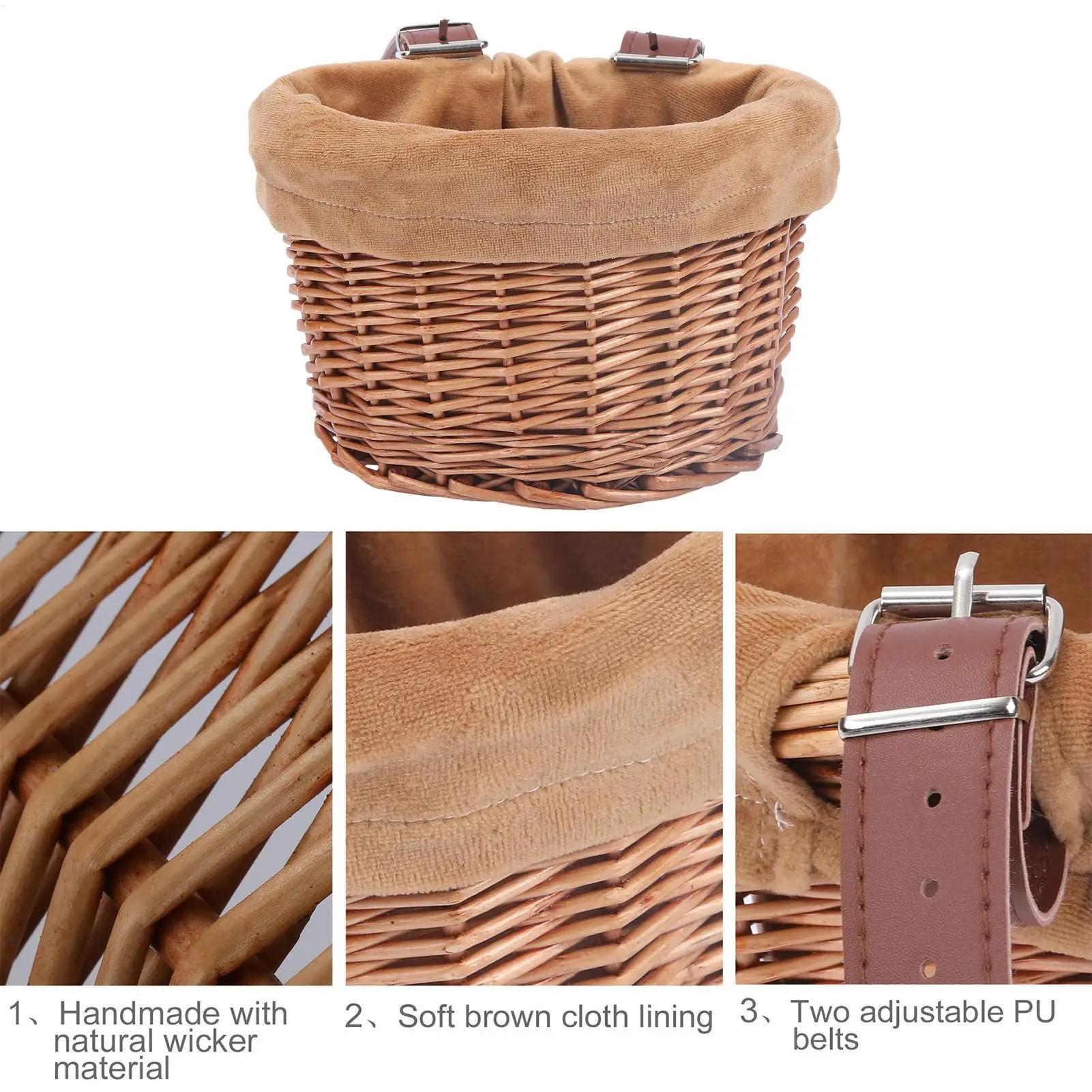 Panier de vélo pour enfants, panier avant en osier en forme de D avec 2 sangles en cuir réglables, imperméable, accessoire de cyclisme