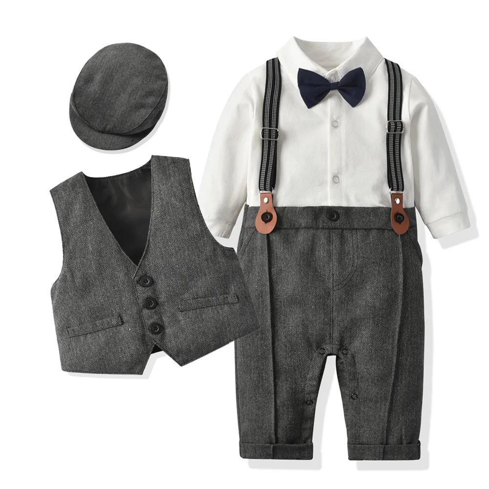 Bébé garçons Gentleman tenues costumes vêtements printemps et automne enfants une pièce barboteuses veste chapeau costume bébé garçon vêtements