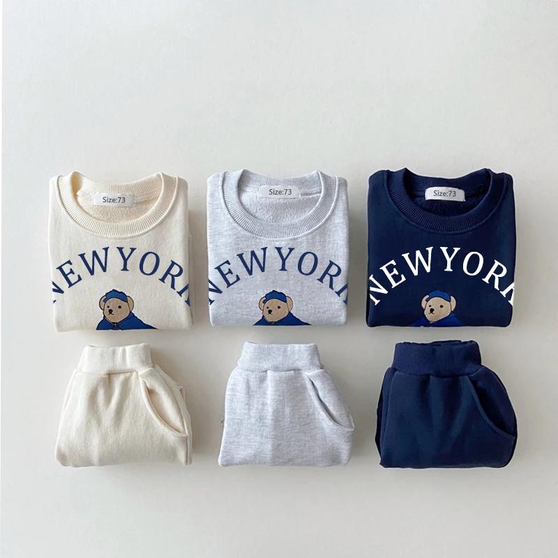 Ensembles de vêtements pour bébés garçons et filles, sweat-shirts à motif d'ours + pantalons de sport en coton simple, 2 pièces, vêtements pour enfants, nouveau costume pour garçon