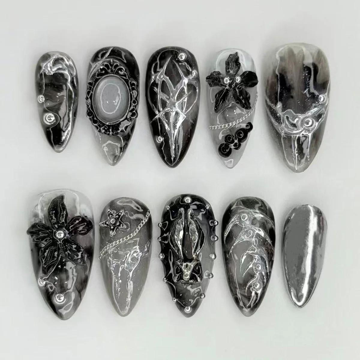 24 pièces faux ongles fille épicée arc argenté avec diamant