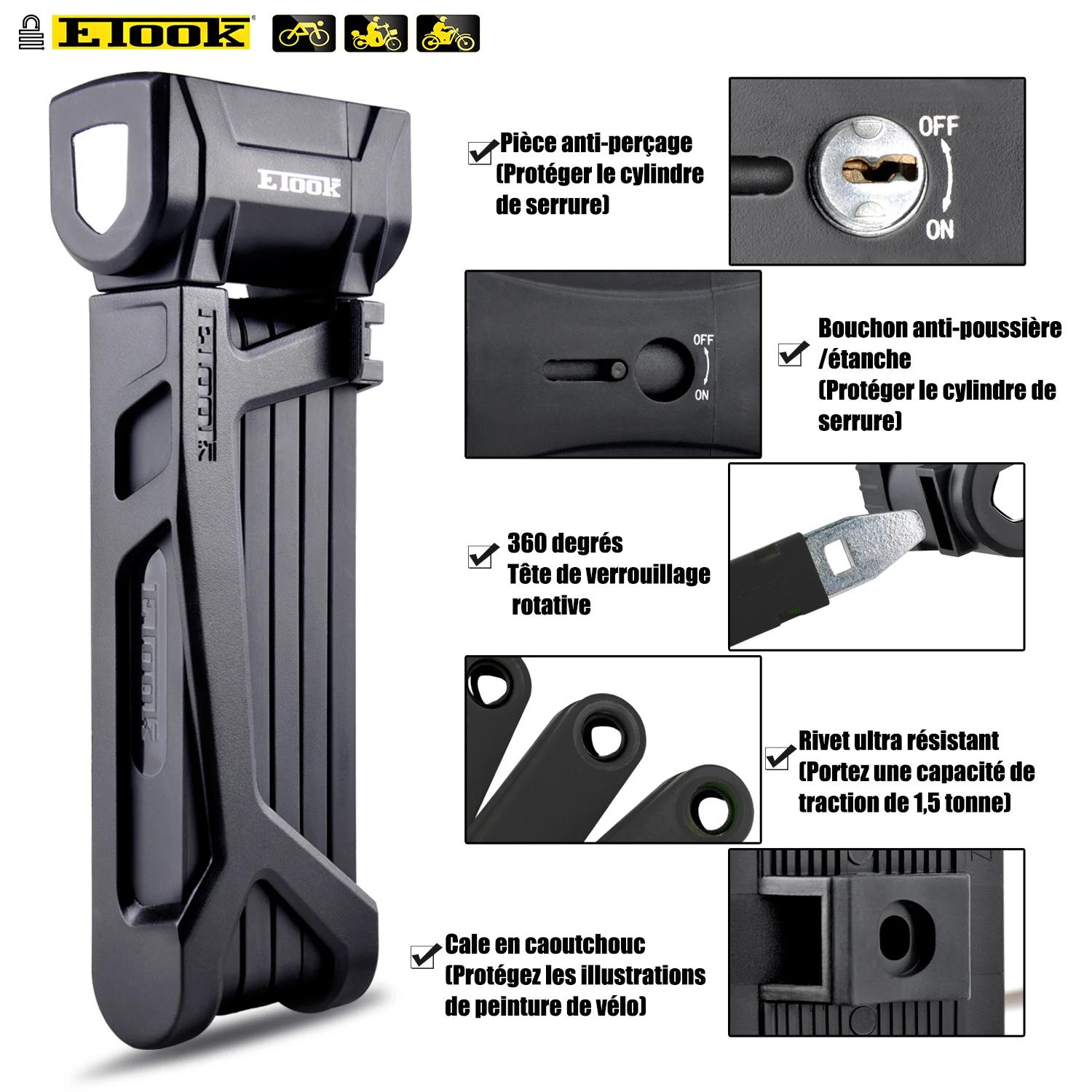 Serrure anti-vol pliable ETOOK pour vélo VTT scooter moto - Acier allié robuste anti-cisaillement hydraulique