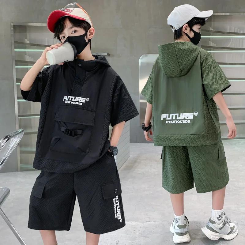 Ensemble de survêtement d'été pour enfants, T-Shirt à capuche à manches courtes + Short, ensemble deux pièces, couleur unie, vêtements de Sport, costume de Sport