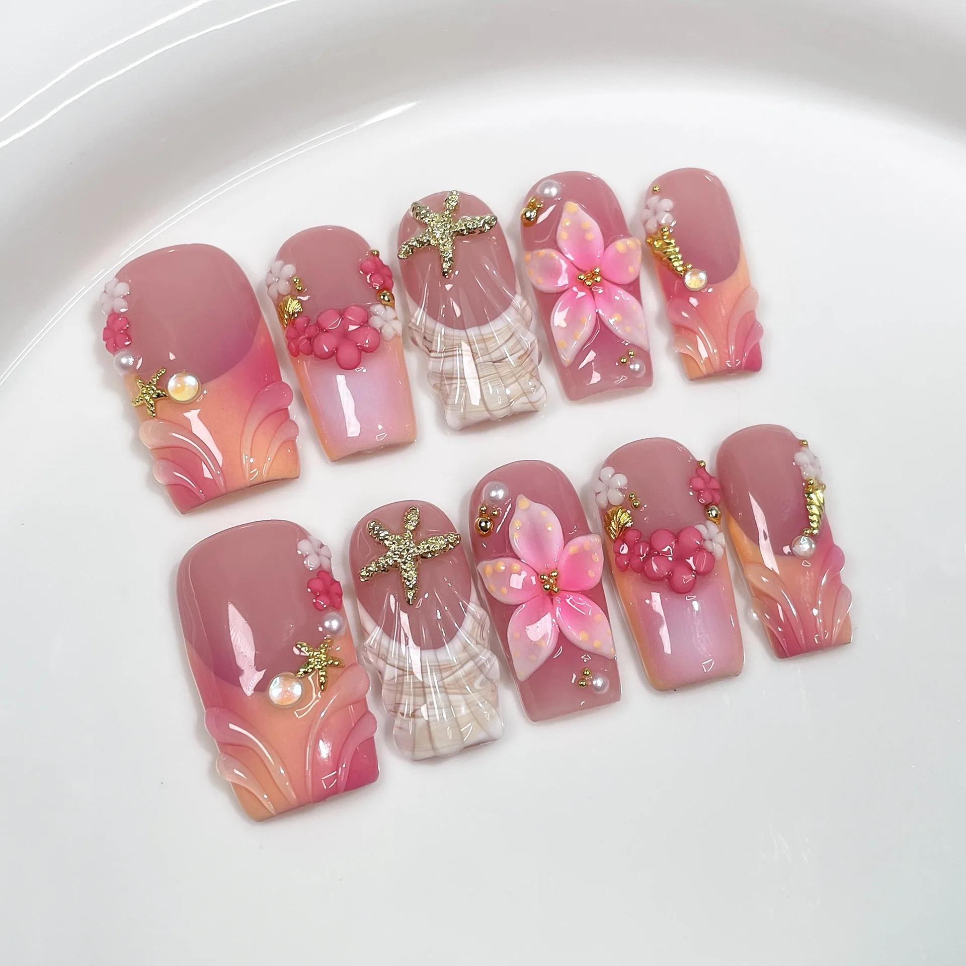 10 pièces 3D fleur verte à la main presse sur ongles français faux