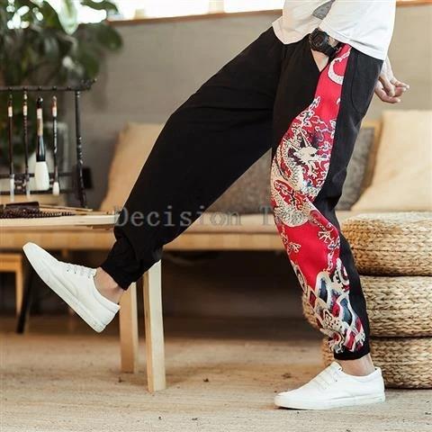 Pantalon costume Tang homme style ethnique chinois - Dragon coton lin été décontracté