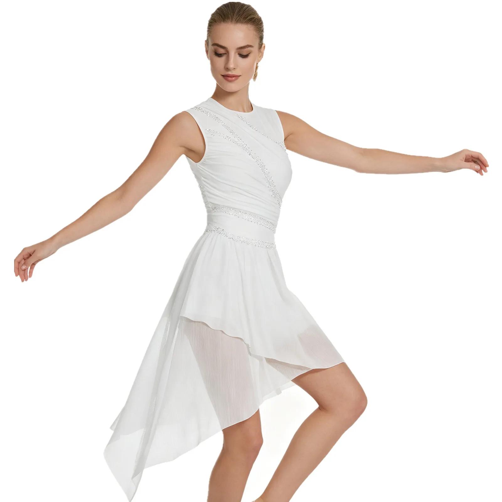 Femmes brillant strass robe de patinage artistique justaucorps de gymnastique Costume maille transparente Ballet Tutu da