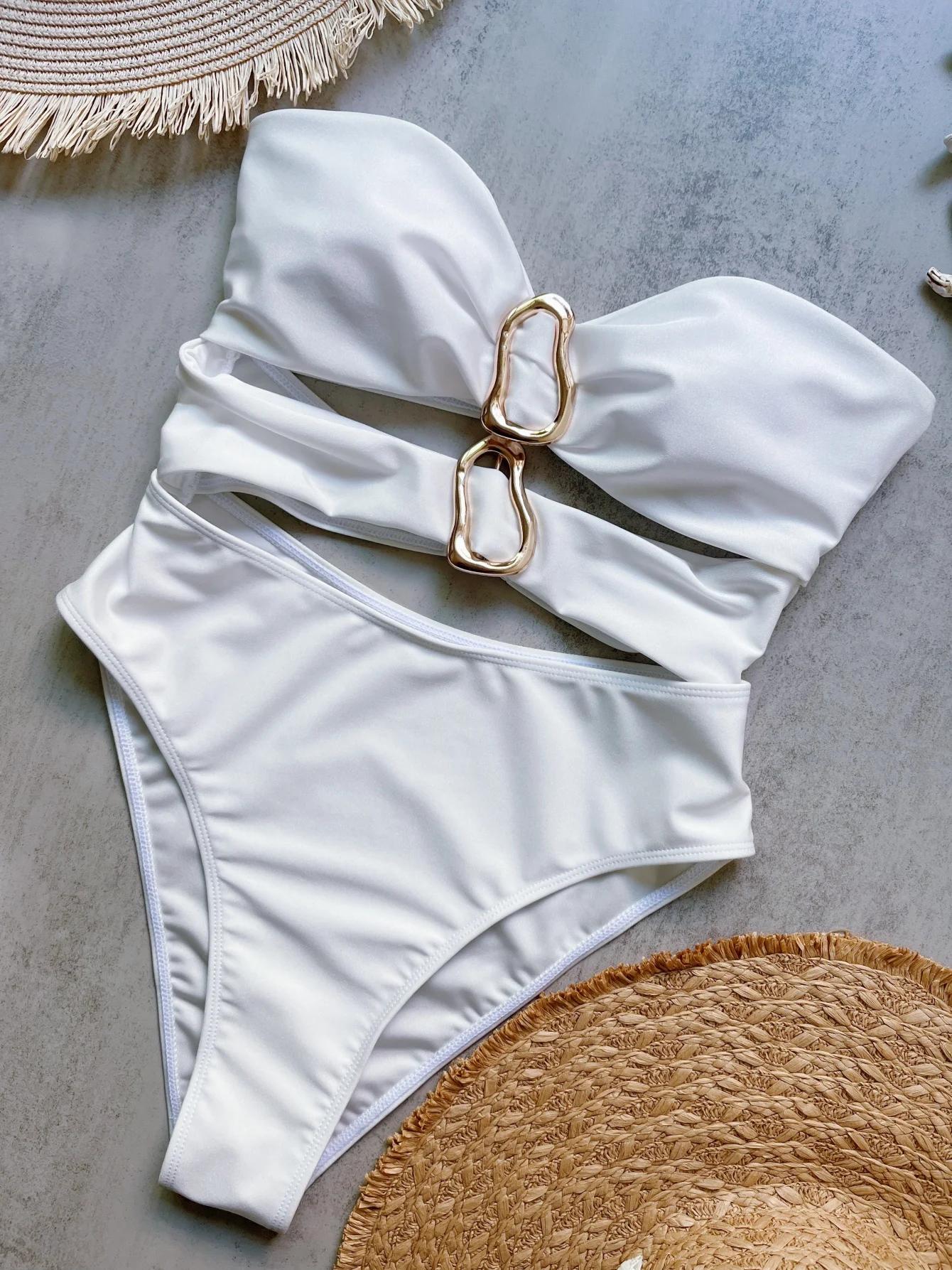 Maillot de bain femme une pièce bandeau jambe haute - Anneaux métal découpé sexy 3 couleurs