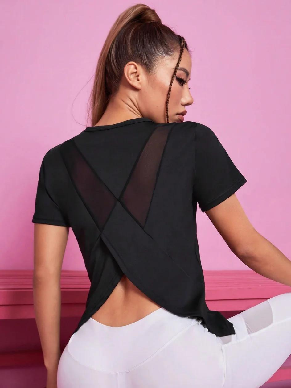 Tenue de Yoga pour femmes, T-shirt de sport d'été, ample, respirant, séchage rapide, haut en maille, entraînement au dos, fitness, manches courtes