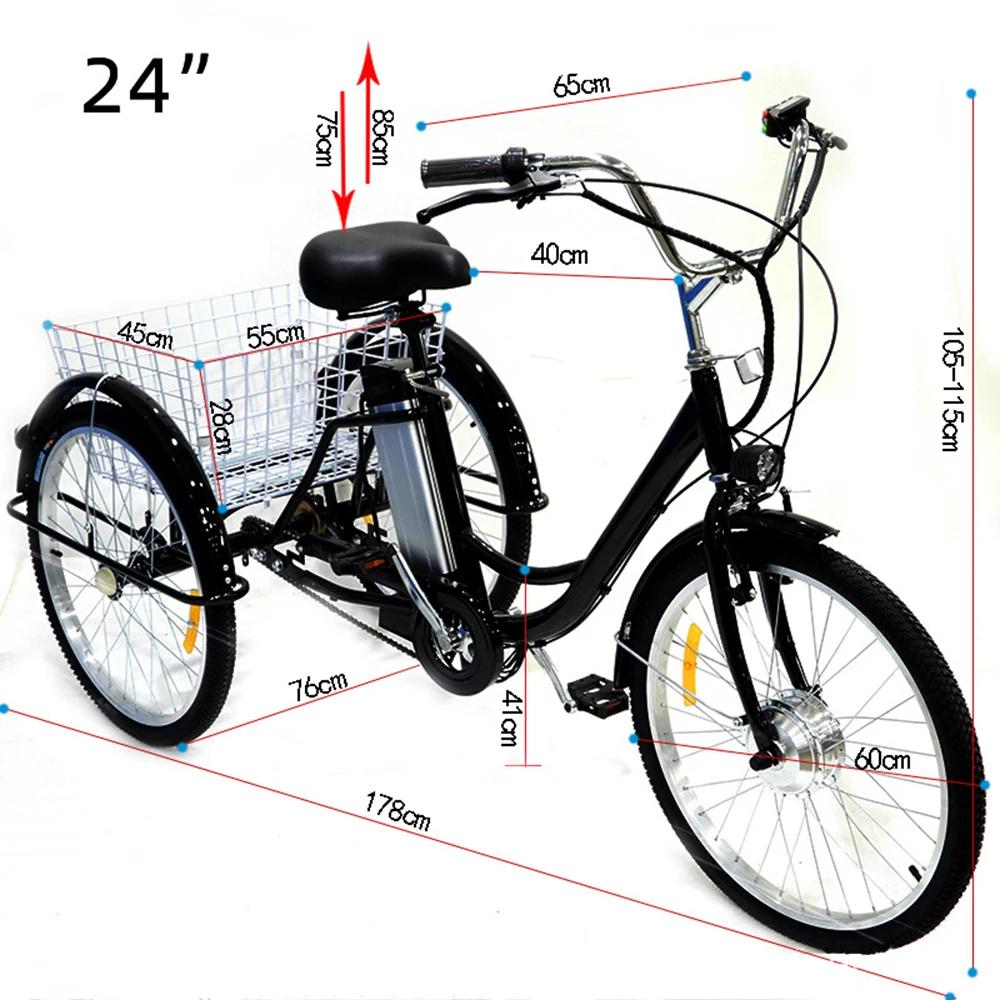 Vélo électrique à trois roues 36V 24 pouces vélo électrique pour femmes dames avec batterie amovible panier arrière noir