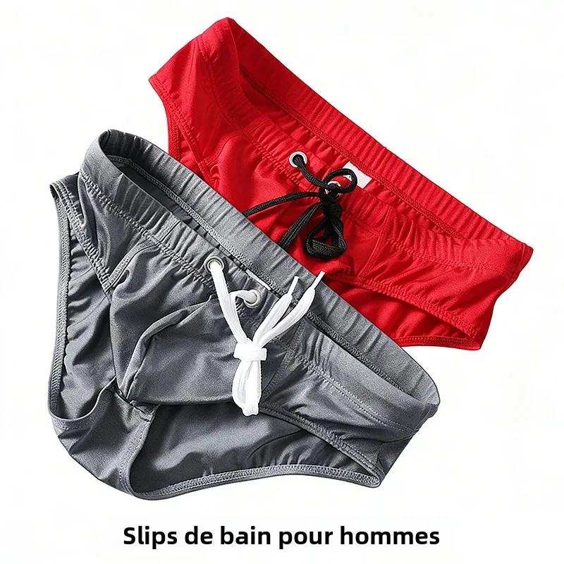 Slip de bain homme couleur unie taille basse avec cordon de serrage