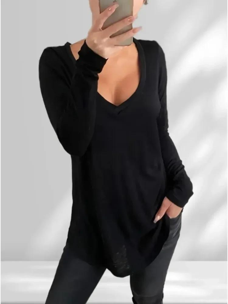 T-shirt uni à col en V pour femme