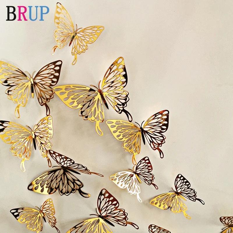 Autocollants muraux papillon doré et argenté creux 3D