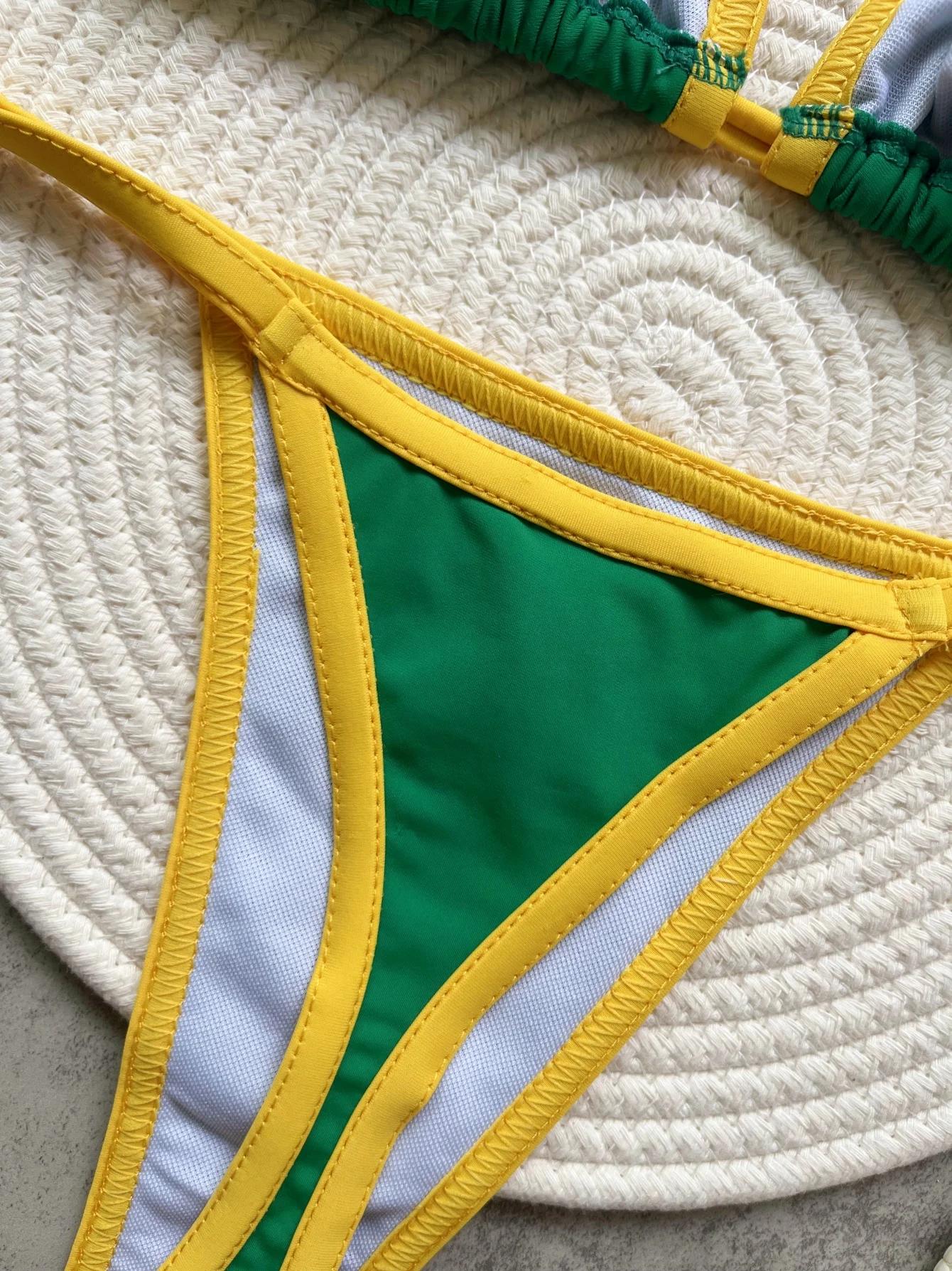 RUOTONSEPT Sexy broderie drapeau du brésil contraste fendu Bikini ensemble femmes maillots de bain Patchwork maillot