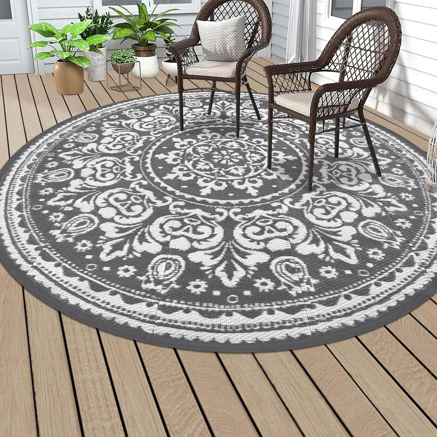 Tapis d'extérieur rond imperméable antidérapant, tapis de patio vintage à motifs floraux, tapis de balcon, tapis de jardin, tapis de sol lavable pour intérieur et extérieur