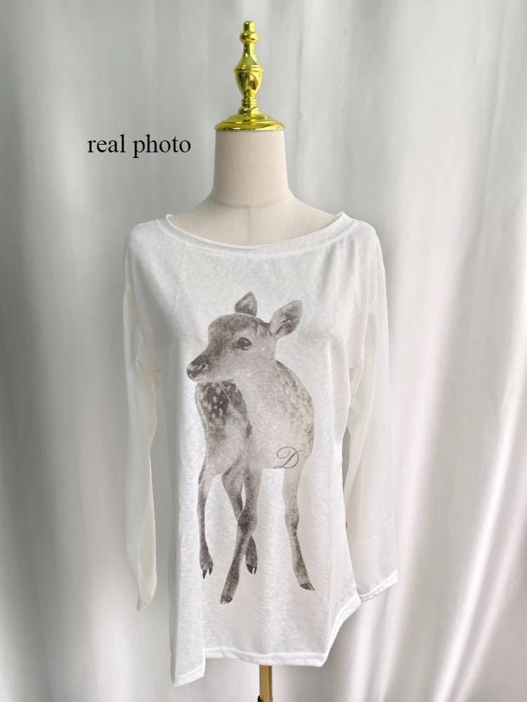Kimotimo T-shirt Femme Été Imprimé Épaules Dénudées Manches Longues 2026 Nouveau Décontracté Transparent Ample Style Kpo