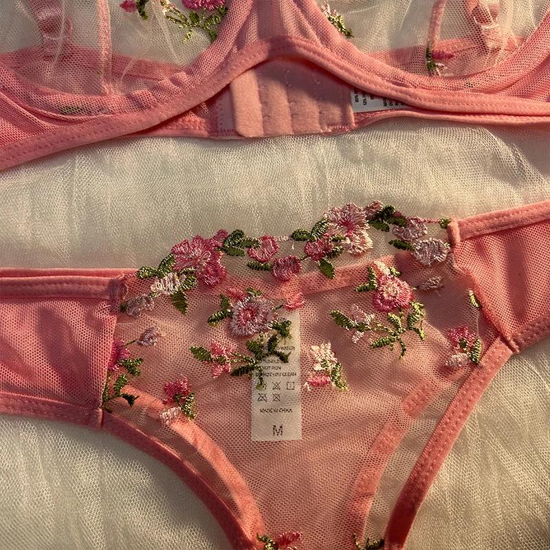 Soutien-gorge brodé transparent à petites fleurs pour femmes, sous-vêtements sexy, lingerie chaude, culottes intimes, ensemble de vêtements deux pièces