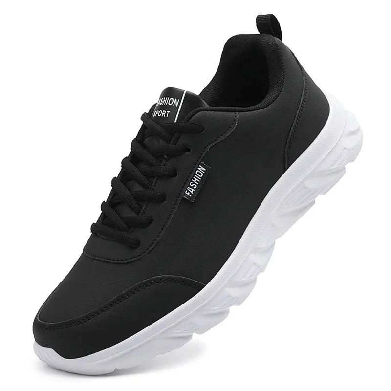 Chaussures de course légères larges en cuir noir pour homme - Baskets plates confort décontracté
