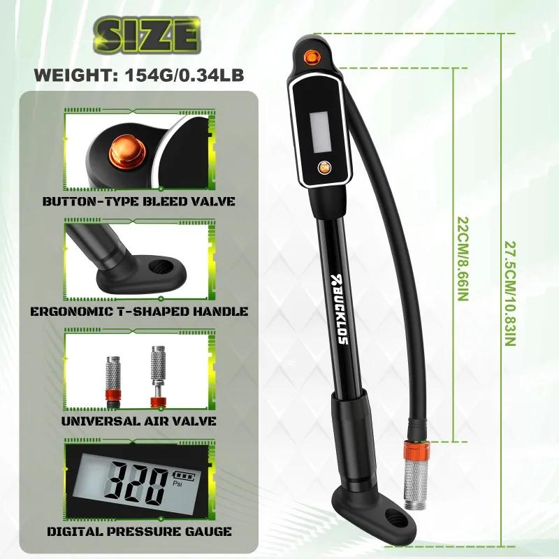 Pompe à air manuelle pour vélo BUCKLOS, gonfleur de pneus de vélo portable, pompe à air pour amortisseur arrière de vélo avec manomètre numérique, pompe à air pour fourche de vélo
