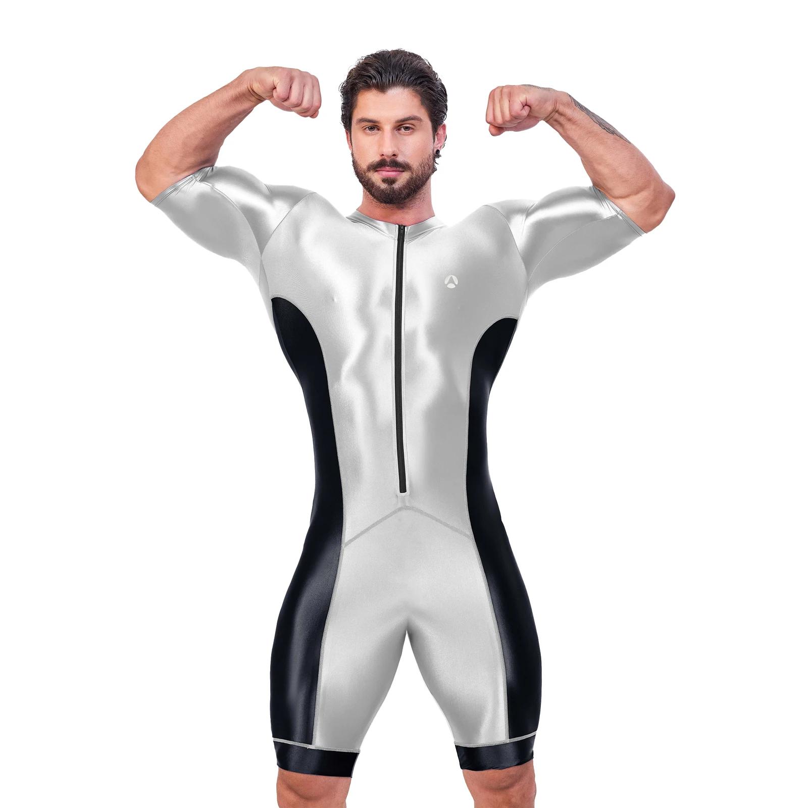 Body homme soie satin brillant AMORESY - Maillot de bain surf yoga vêtement sport recadré combinaison justaucorps