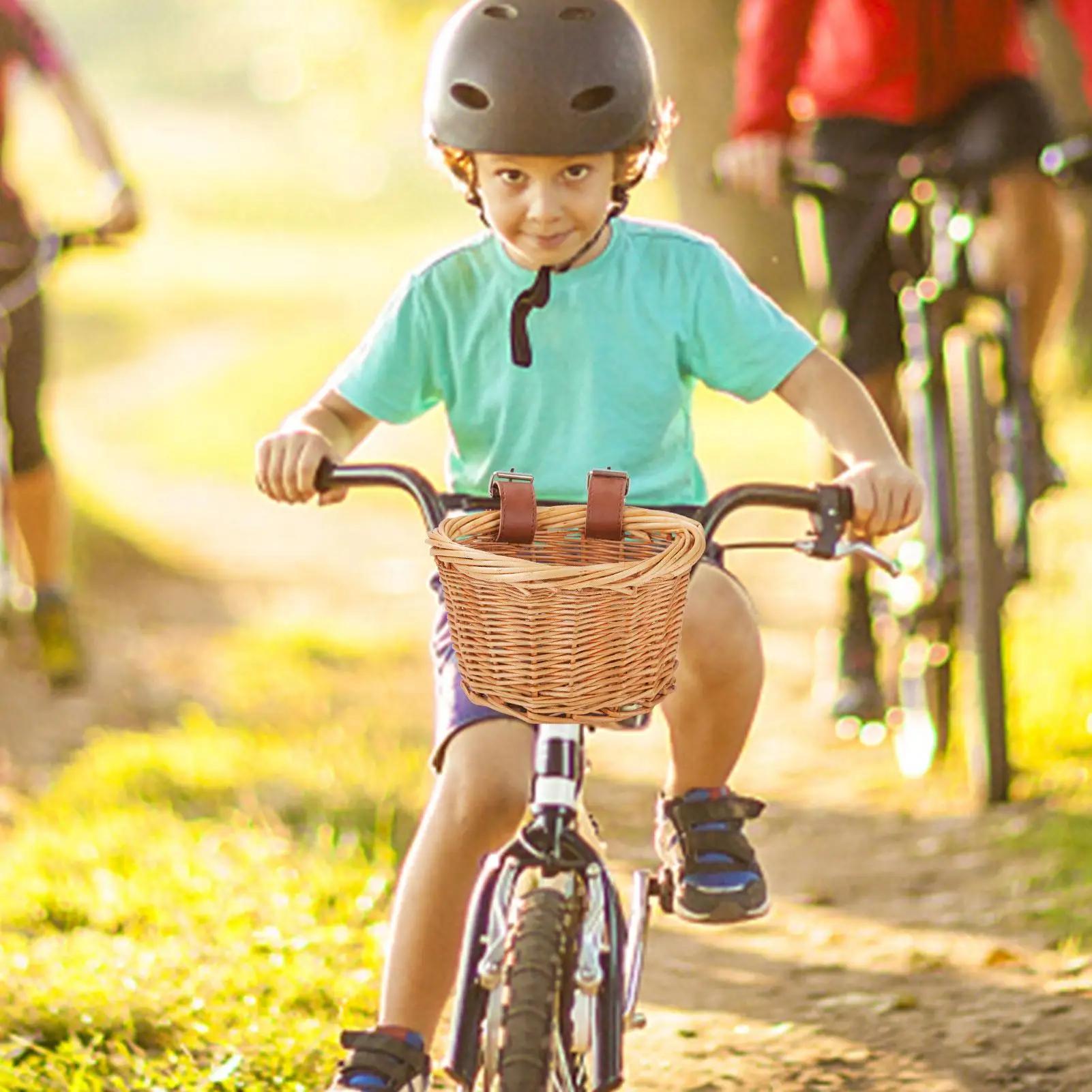 Panier de vélo pour enfants, panier avant en osier en forme de D avec 2 sangles en cuir réglables, imperméable, accessoire de cyclisme