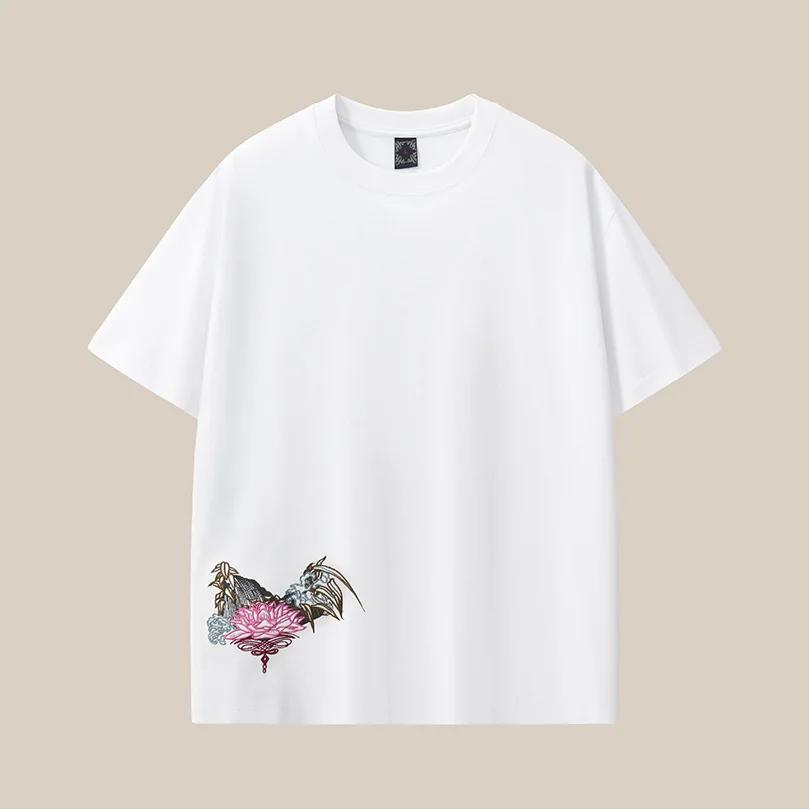 T-shirt pour hommes grande taille, 100% coton peigné, broderie, coupe ample, col rond, manches courtes, hauts d'été