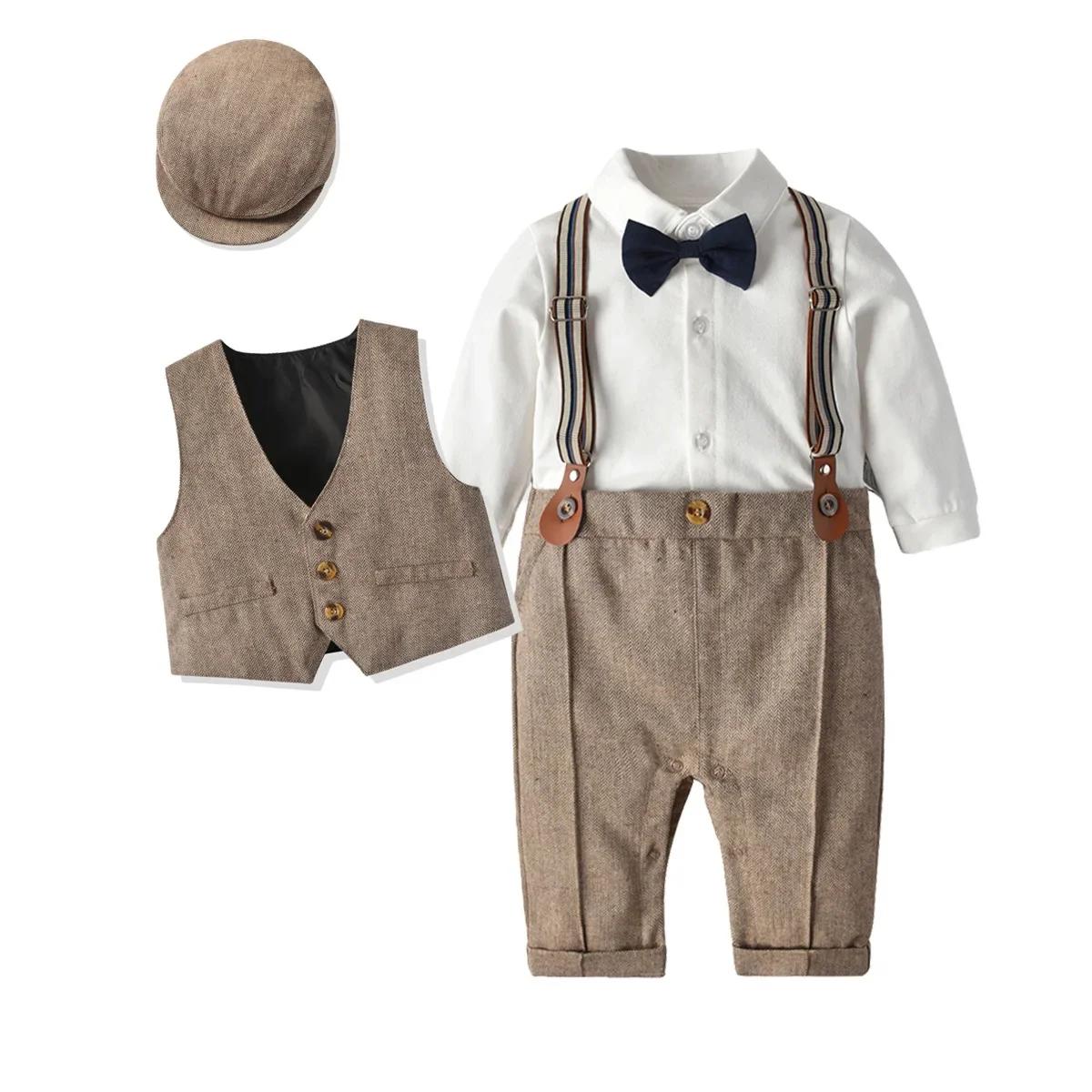 Bébé garçons Gentleman tenues costumes vêtements printemps et automne enfants une pièce barboteuses veste chapeau costume bébé garçon vêtements