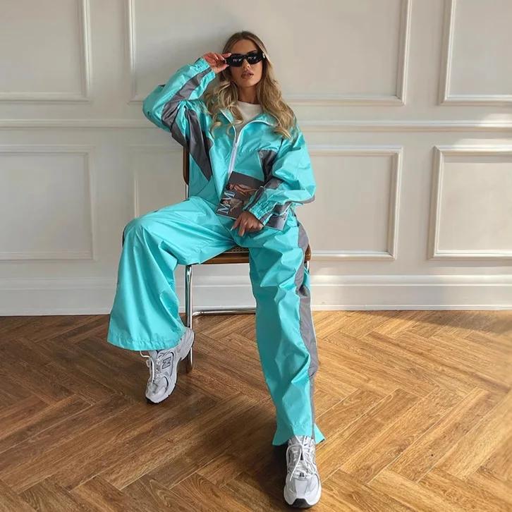Survêtement femmes costume sportif 2 pièces Ensemble manteau pantalon tenues Patchwork taille élastique