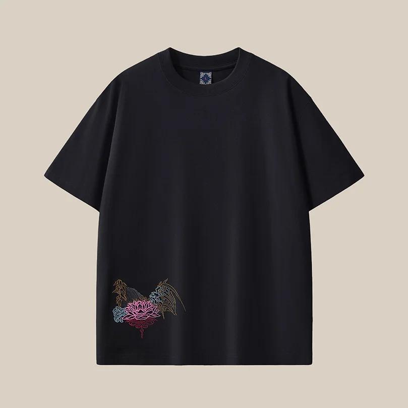 T-shirt pour hommes grande taille, 100% coton peigné, broderie, coupe ample, col rond, manches courtes, hauts d'été