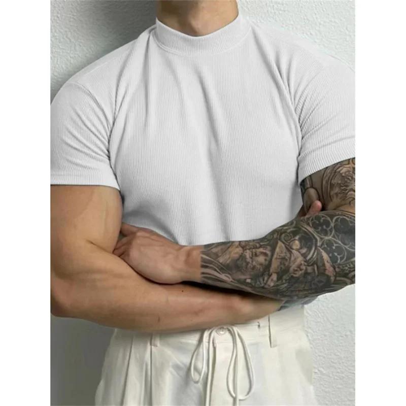 T-shirt sport homme rayé printemps été - Col haut élastique pour fitness et activités de loisirs
