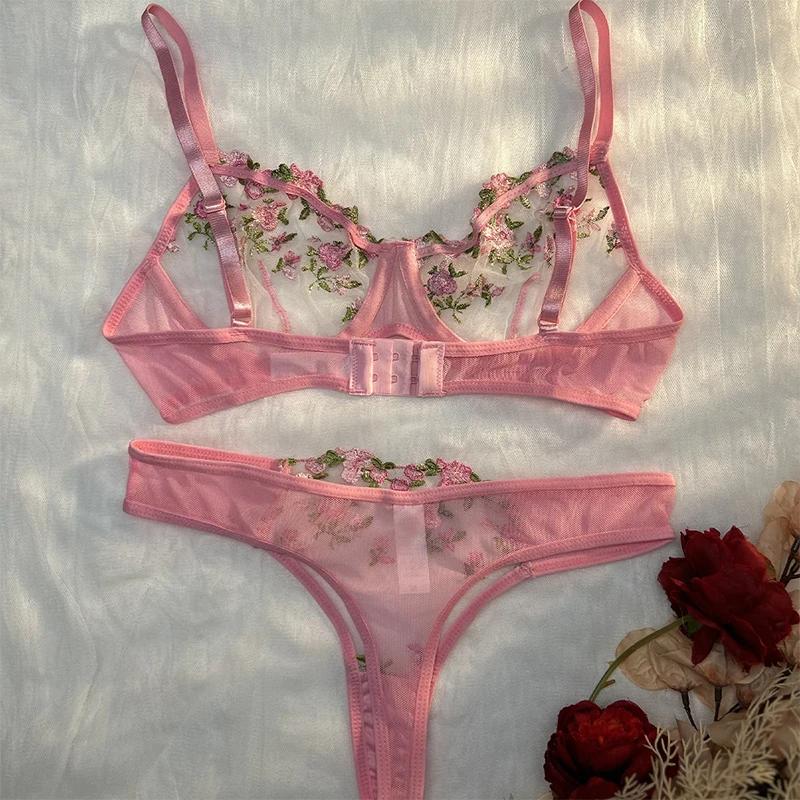 Soutien-gorge brodé transparent à petites fleurs pour femmes, sous-vêtements sexy, lingerie chaude, culottes intimes, ensemble de vêtements deux pièces