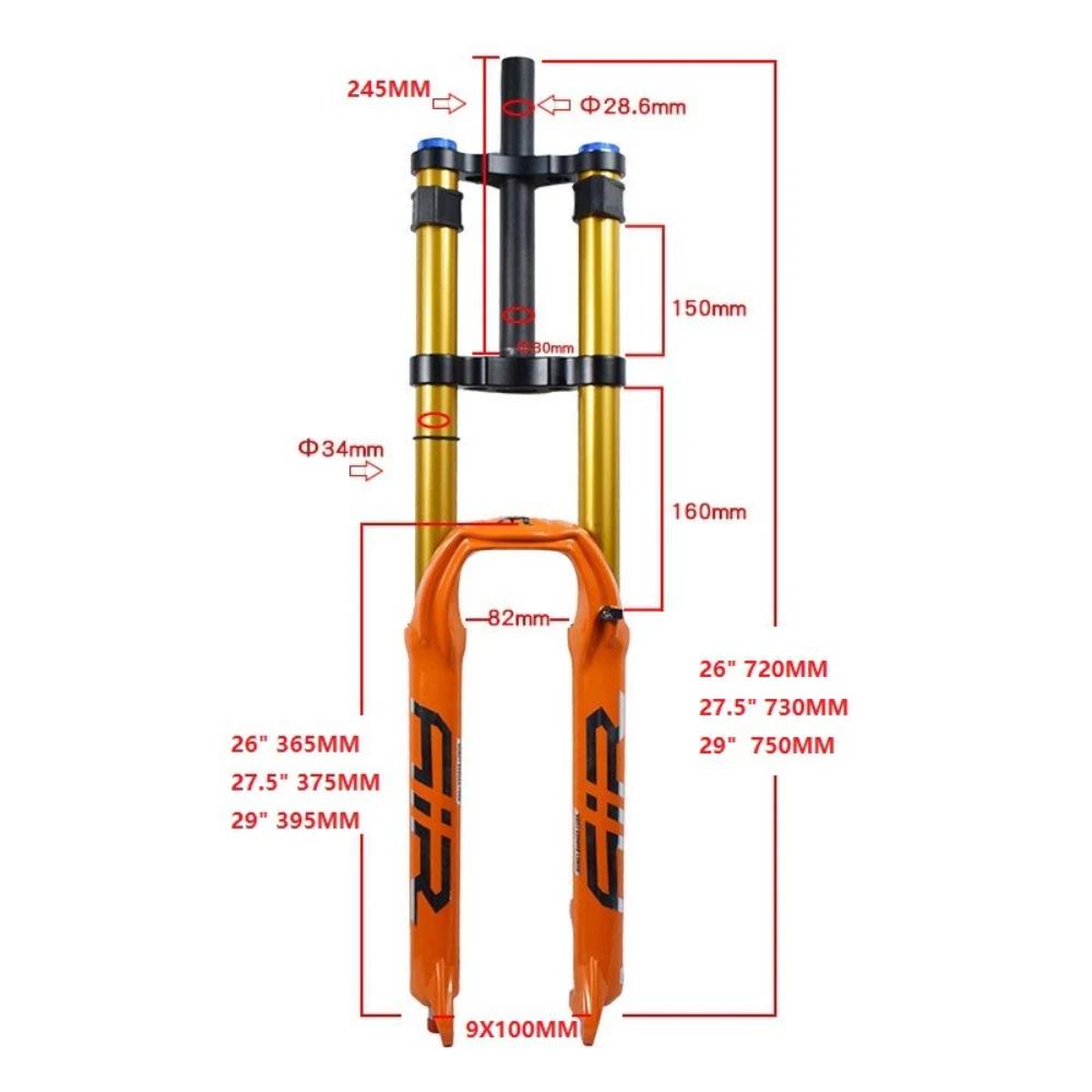 Fourche à suspension pneumatique pour vélo 26/29 pouces - 160 mm de débattement, 100 mm de distance entre les axes, QR 15 mm, fourche à double couronne pour VTT