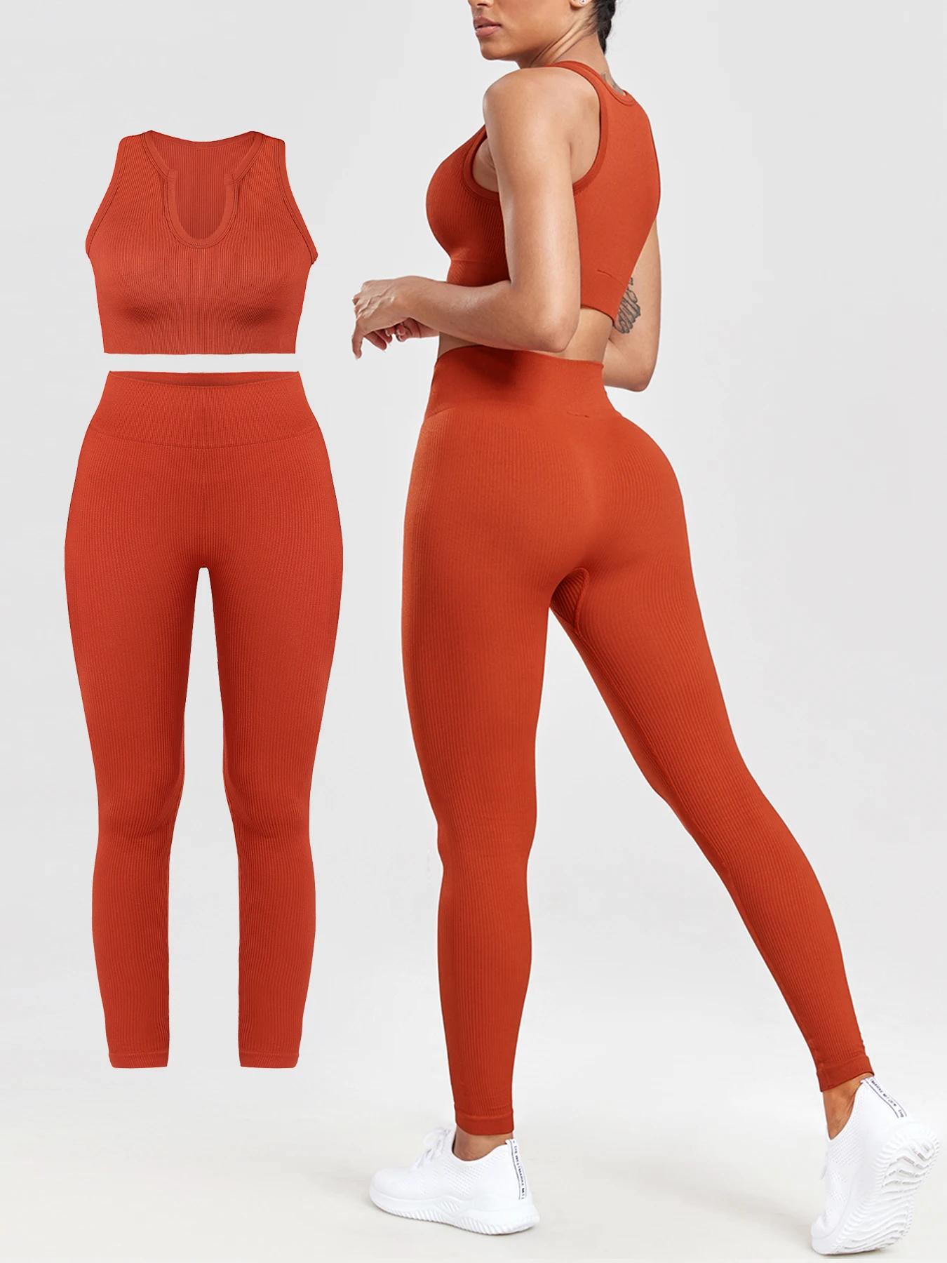 Tenue d'entraînement 2 pièces côtelée sans coutures femme - Ensemble yoga confortable leggings et débardeur
