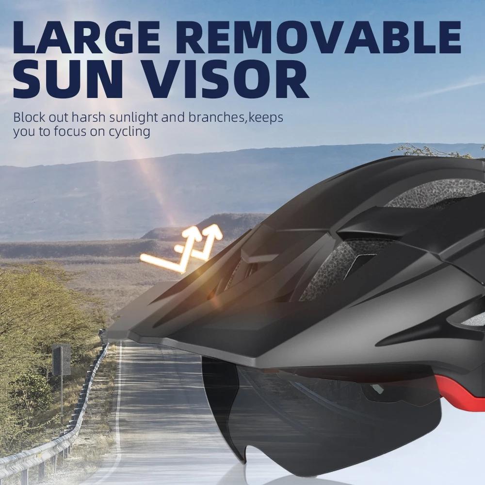 Casque de Vélo avec Lunettes de Soleil Visière Feu Arrière LED Protection UV Sécurité Visibilité Cyclisme Montagne Route VTT Occasions Spéciales