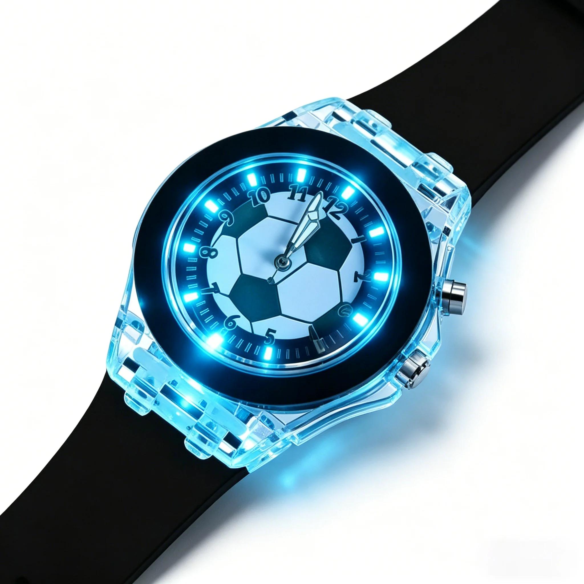 Montre de football, montre-bracelet de sport à LED avec bracelet en silicone, montre à quartz décontractée étanche pour garçons et filles Football Fa
