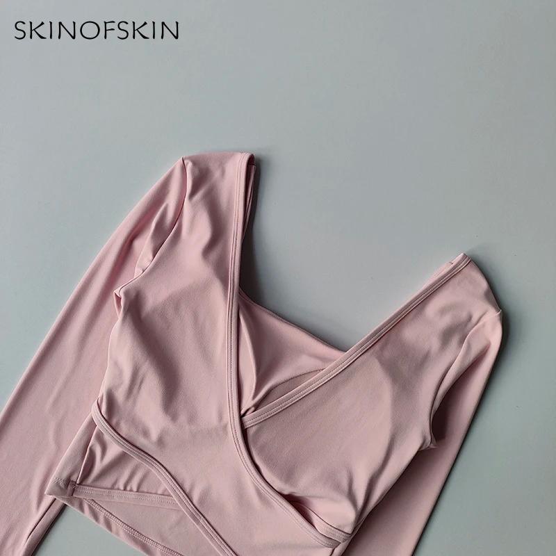 Coussinets poitrine fixes vêtements yoga dos croisé - Haut sport amincissant manches longues fitness