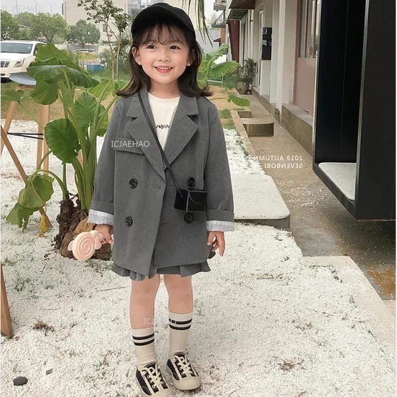 Costume pour bébés filles et garçons, hauts pour enfants, manteaux, veste, gris britannique, vêtements pour enfants, mode, ensembles de costumes à Double boutonnage, printemps automne
