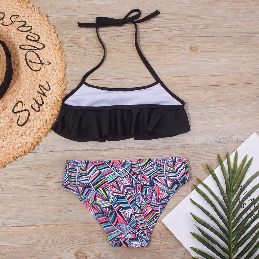 Maillot de bain à volants imprimé pour filles 5-14 ans - Ensemble bikini été bandage plage