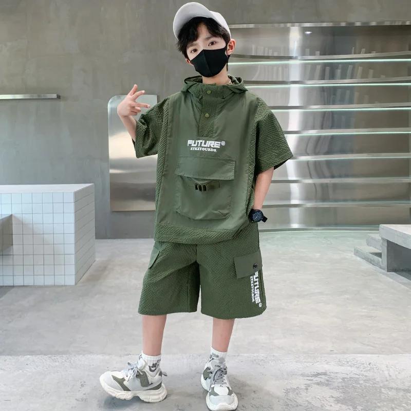 Ensemble de survêtement d'été pour enfants, T-Shirt à capuche à manches courtes + Short, ensemble deux pièces, couleur unie, vêtements de Sport, costume de Sport