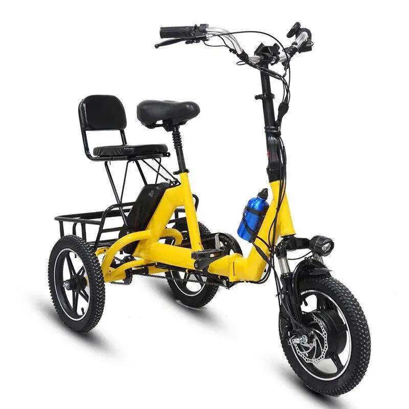 Vélo électrique pliant pour adultes, tricycle électrique à trois roues, siège passager, grand panier, 14 pouces, 48V, 350W