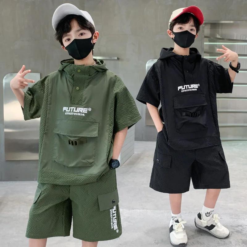 Ensemble de survêtement d'été pour enfants, T-Shirt à capuche à manches courtes + Short, ensemble deux pièces, couleur unie, vêtements de Sport, costume de Sport