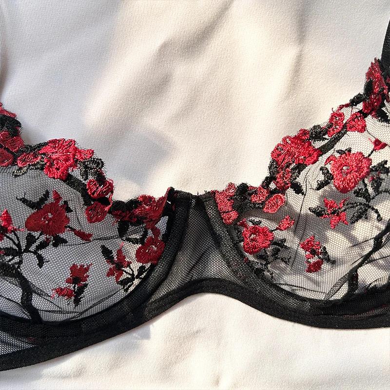 Soutien-gorge brodé transparent à petites fleurs pour femmes, sous-vêtements sexy, lingerie chaude, culottes intimes, ensemble de vêtements deux pièces