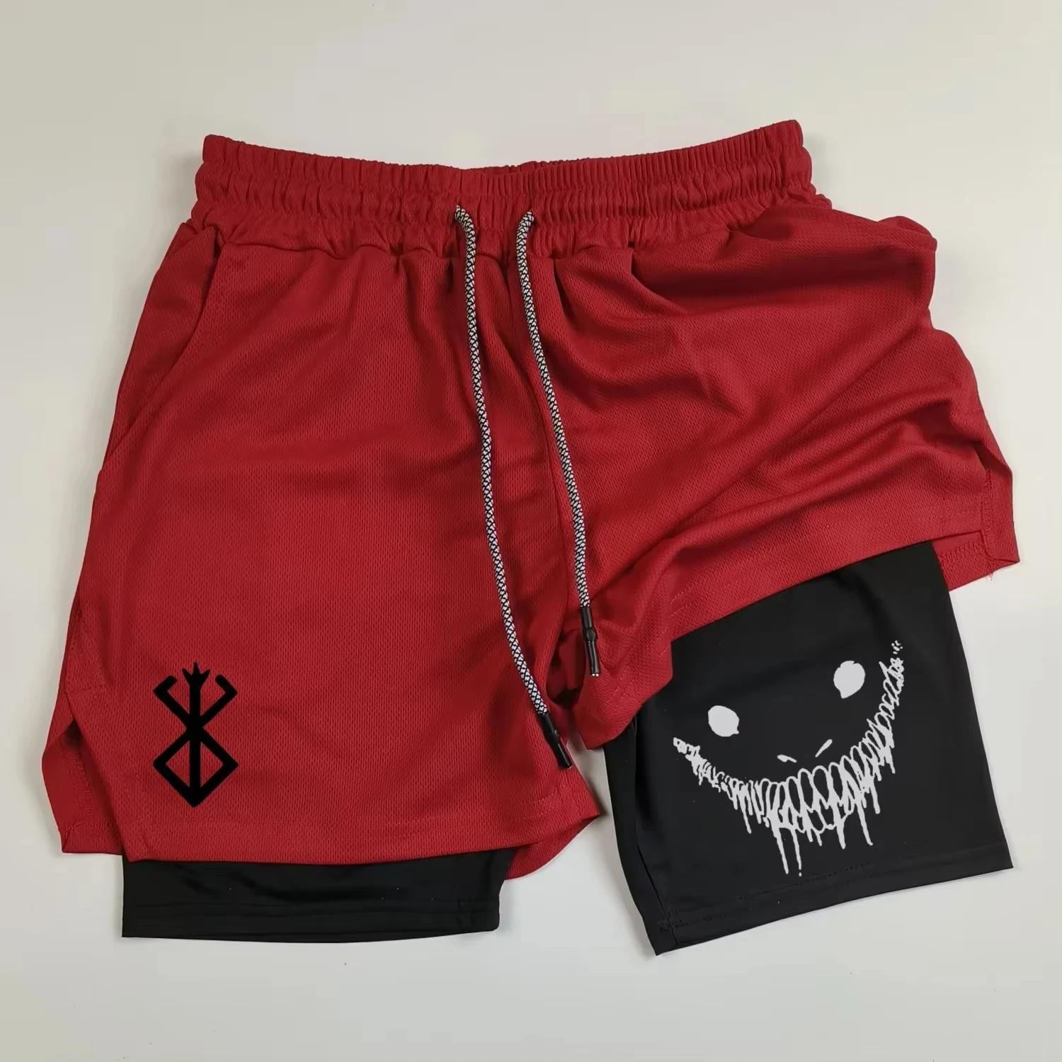 Short sport homme anime Berserk 2 en 1 séchage rapide fitness entraînement double pont serviette